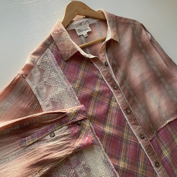 Oli & Hali Plaid Lace Patchwork Long Sleeve Flannel Shirt Shacket Small - Picture 8 of 16